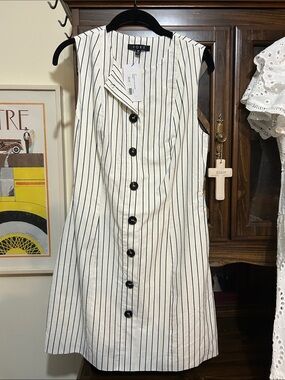FORE Sleeveless White Pinstripe Mini Dress with Button Front
